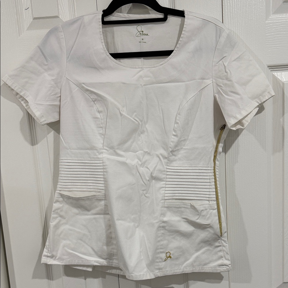 Jaanuu White Short Sleeve Top with Gold Zipper